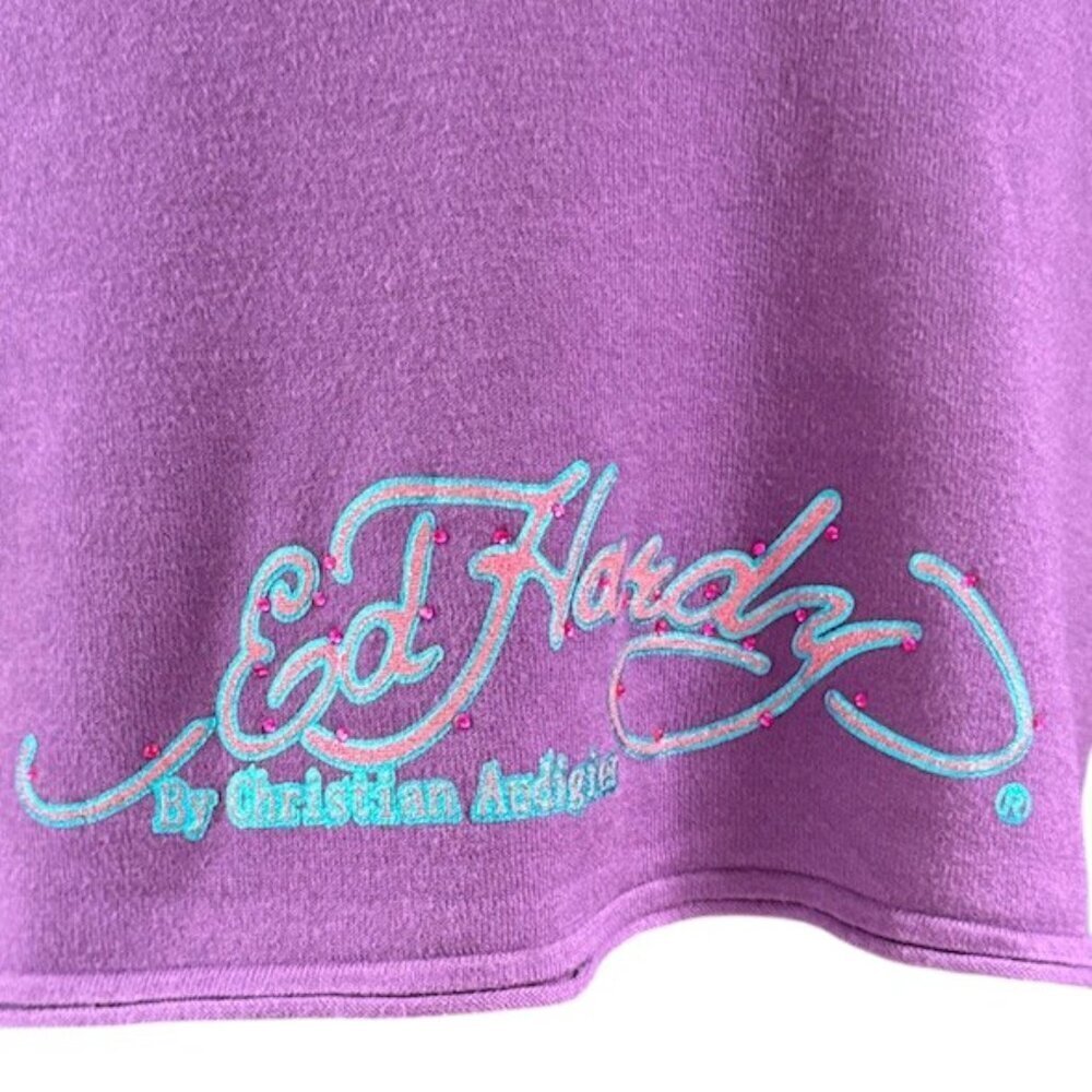 Ed Hardy Sweater Dress Beauty Graphic Print Rhinestone Purple Long Sleeves M EUC - Picture 14 of 16